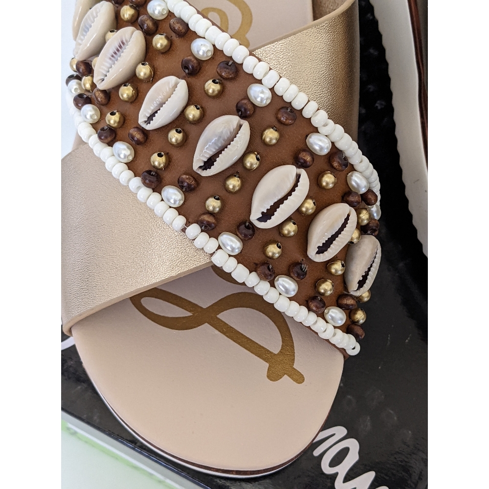 SAM Edelman Austen Platform Slip on Sandals Gold Leather Cowrie Shell Beads - Picture 3 of 12